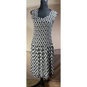 Caeliann Black White Geometric Print Sleeveless Pleated Midi Dress Size L